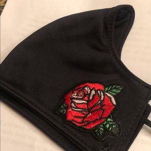 Embroidered Red Rose Flower Black Face Mask